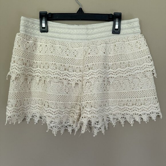 Cottagecore Layered Crochet Lace Shorts Women L Beige Off White Stretch Boho - Picture 1 of 6